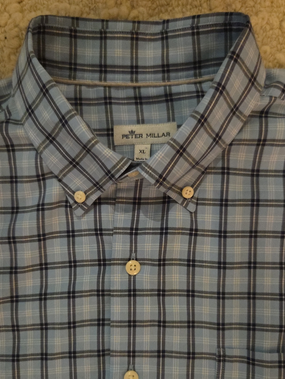 Peter Millar Men's Plaid Button Down Dress Sport Shirt Light Blue Gray XL